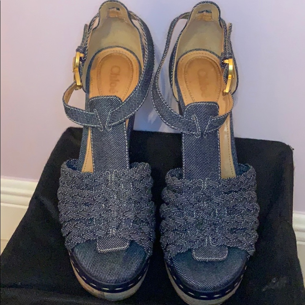 CHLOE denim wedge sandals
